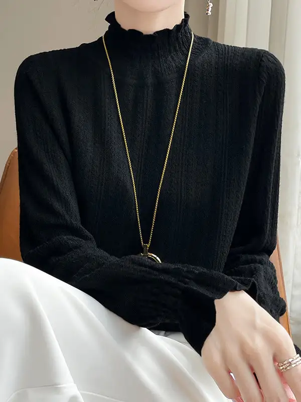 Long Sleeve Relaxed Elasticity Ruffle Trim Mock Neck T-Shirt
