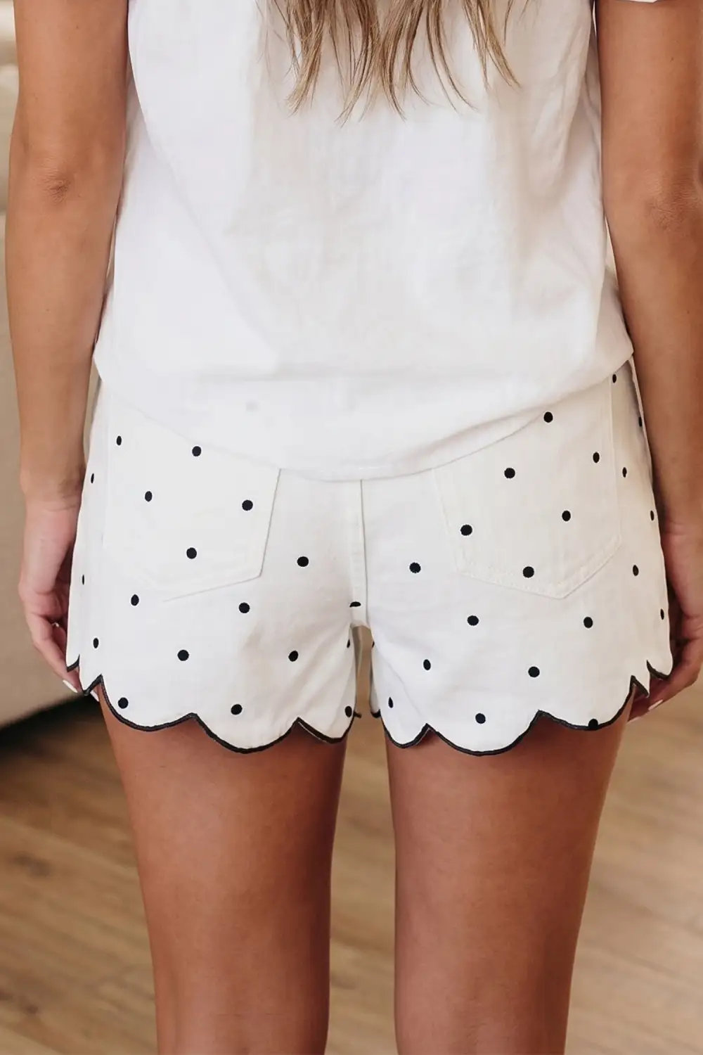 Polka Dot Embroidered Scallop Hem Casual Shorts