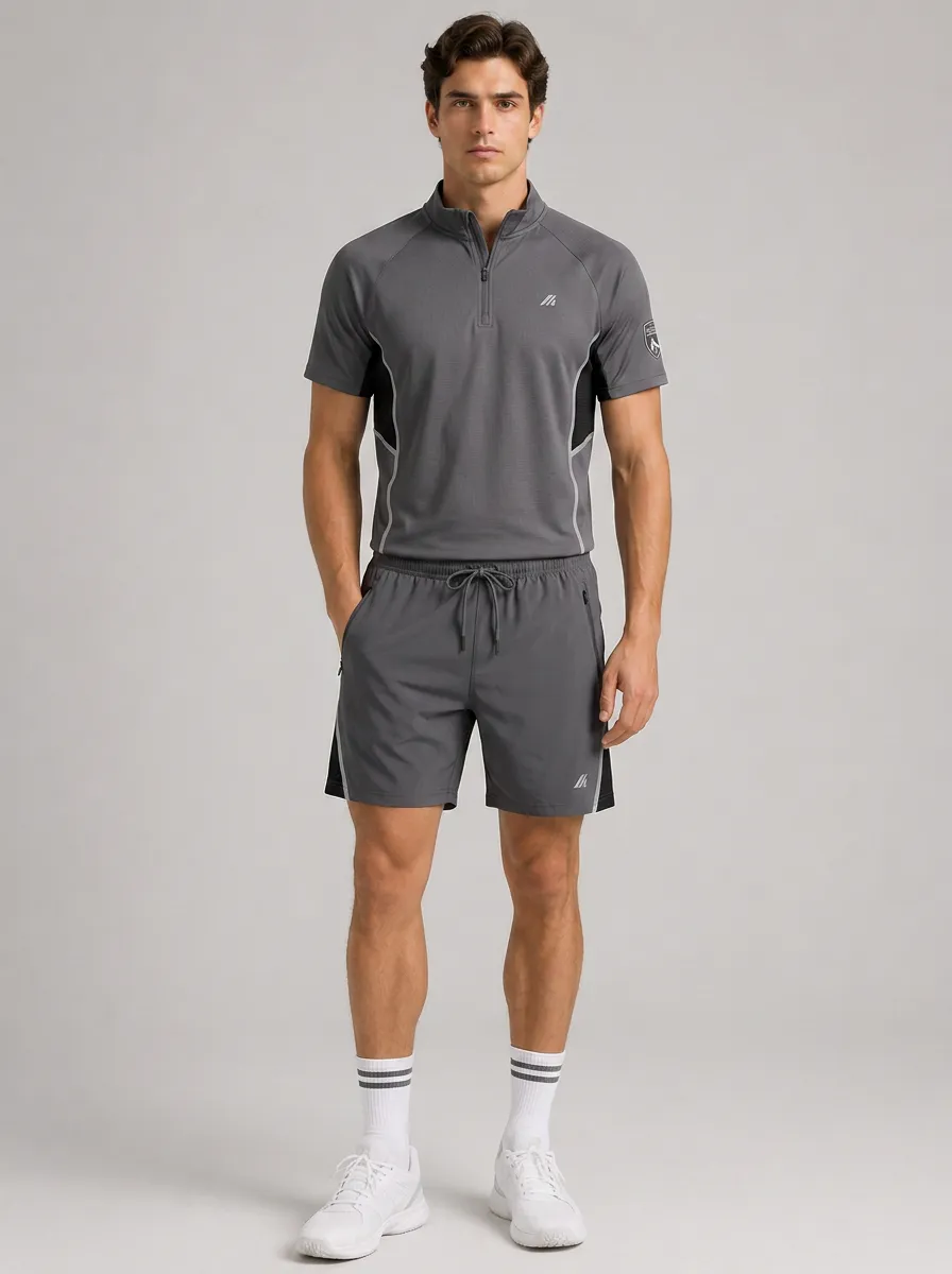 Men's Athletic Sportswear Grey Quarter-Zip Printed Short Set