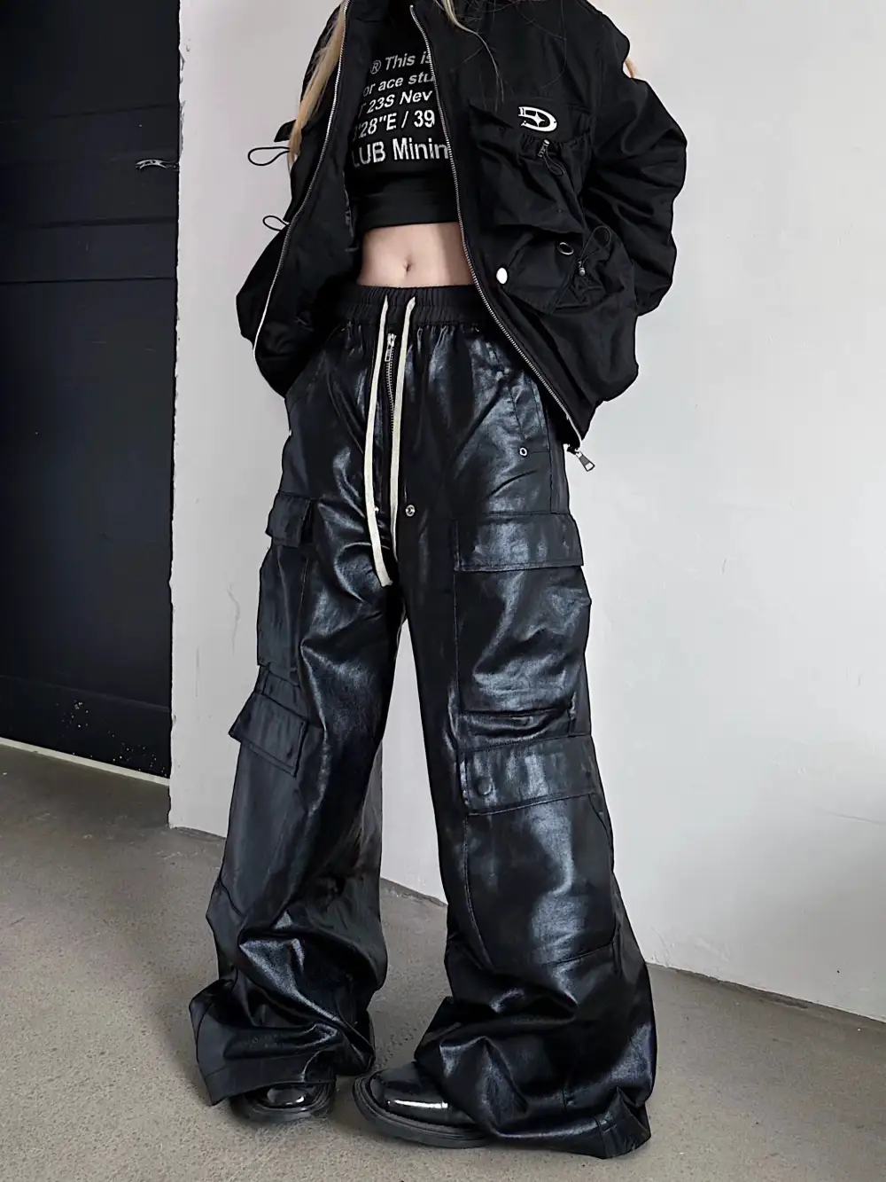 Coated PU Wide Leg Cargo Pants