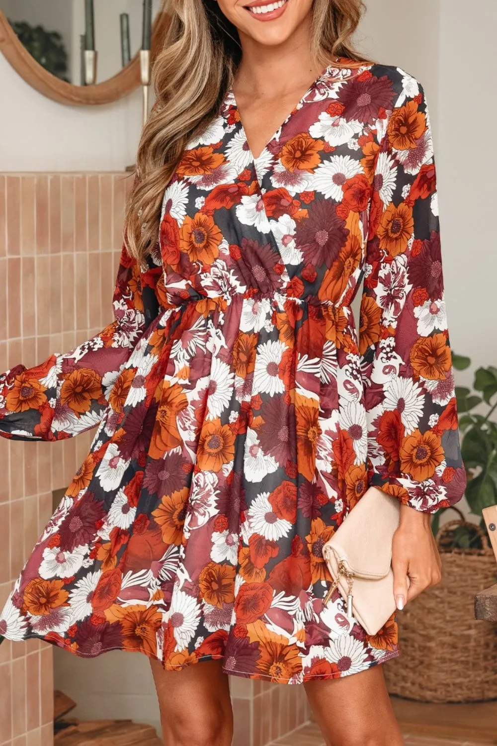 Lightweight Feel Floral Printed V Neck Mini Dress