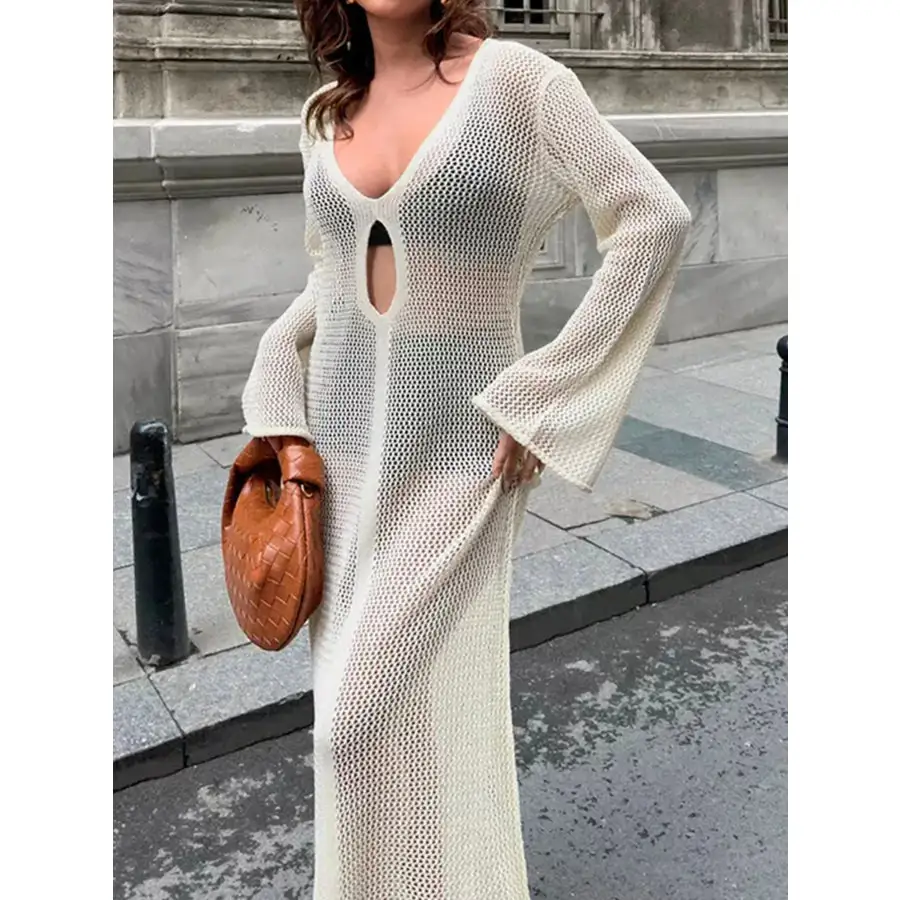 Cutout Long Sleeve Knit Cover Up Maxi Dress