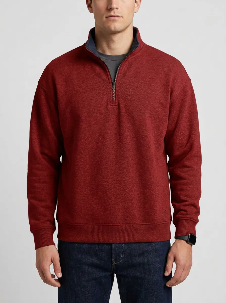 Men's Versatile Minimalist Textured Embroidered Emblem Quarter-Zip Sweatshirt
