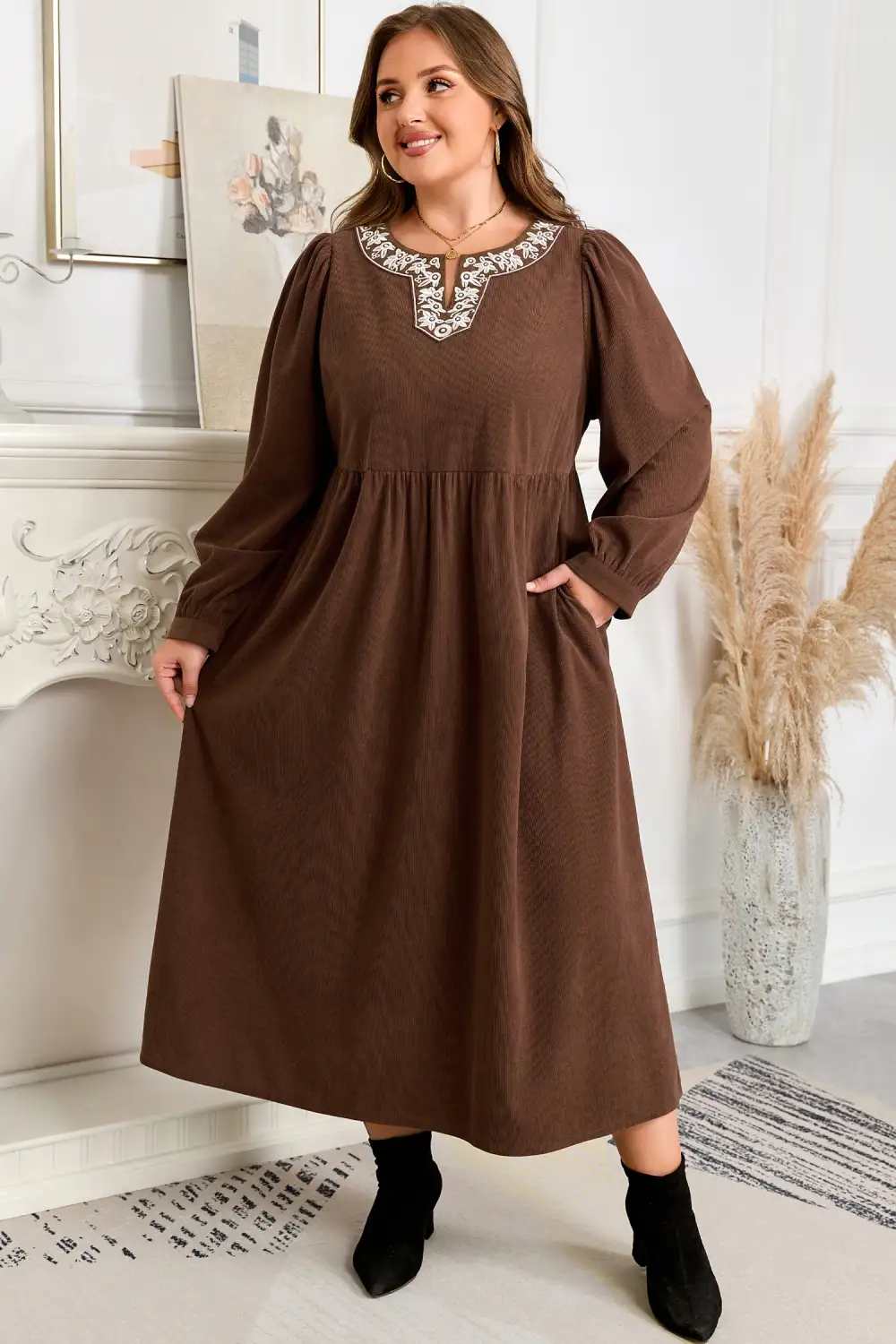 Embroidered Split Neck Pleated Midi Dress