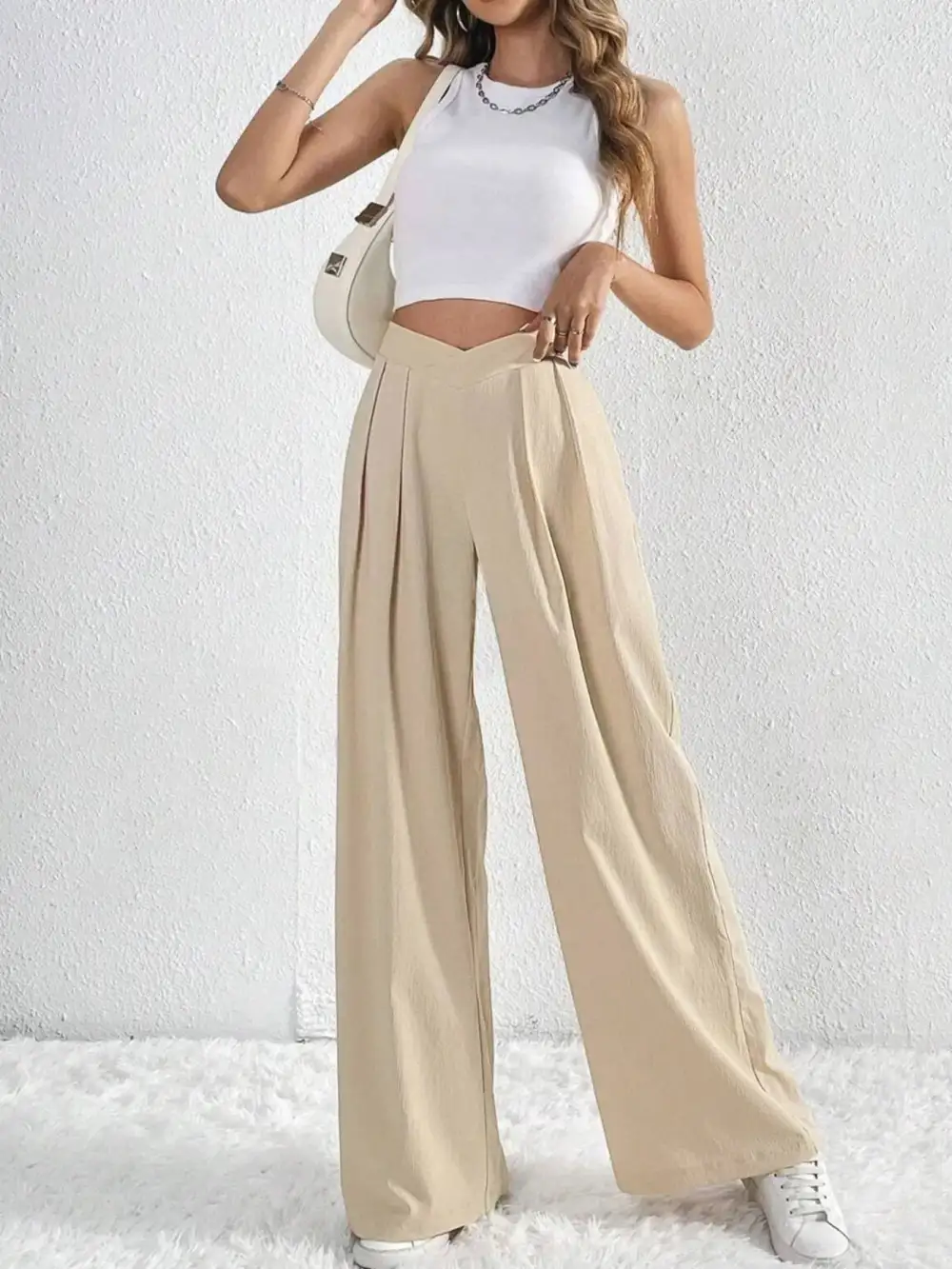 V Waisted Ruched Front Wide Leg Pants