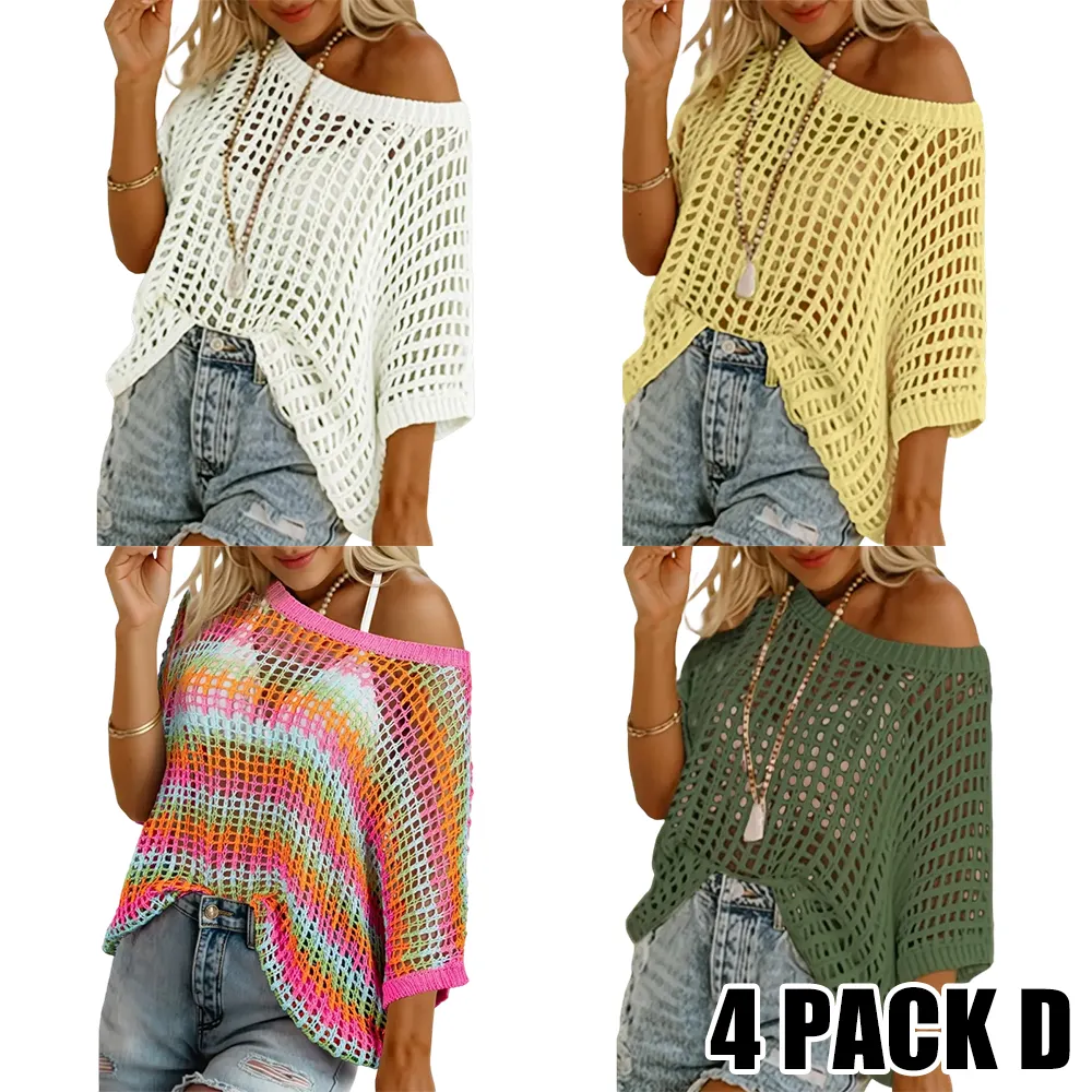 Women's Summer Scoop Neck Short Sleeve Sweater Casual Crochet Hollow Out Knit Tops Pullover Shirts Beach Coverup