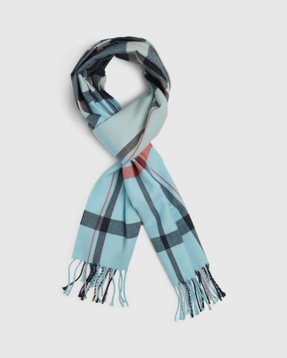Light Blue And Black Plaid Fringed Scarf