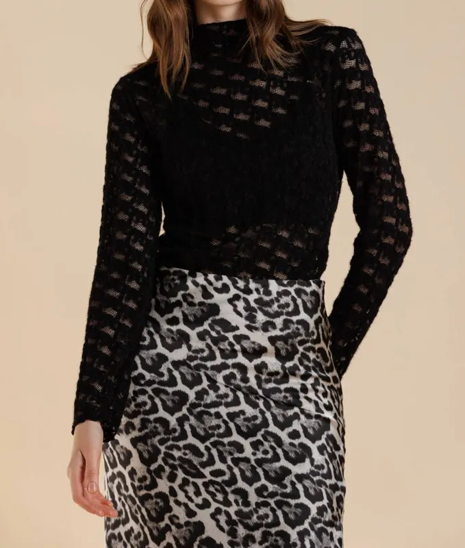 Black Brushed Lace Mock Neck Textured Long Sleeve Tee