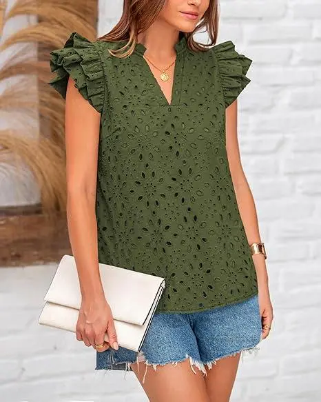 9PACK-Women Summer Eyelet Tops Dressy Casual V-Neck Ruffle Cap Sleeve Cotton Boho Shirts