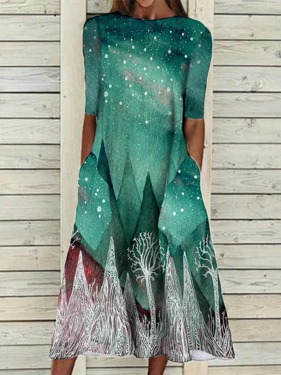 Casual Loose Landscape Print Short-sleeved Midi Dress