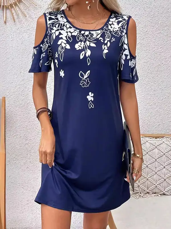 A Line Relaxed Flower Print Hollow Cold Shoulder Mini Dress