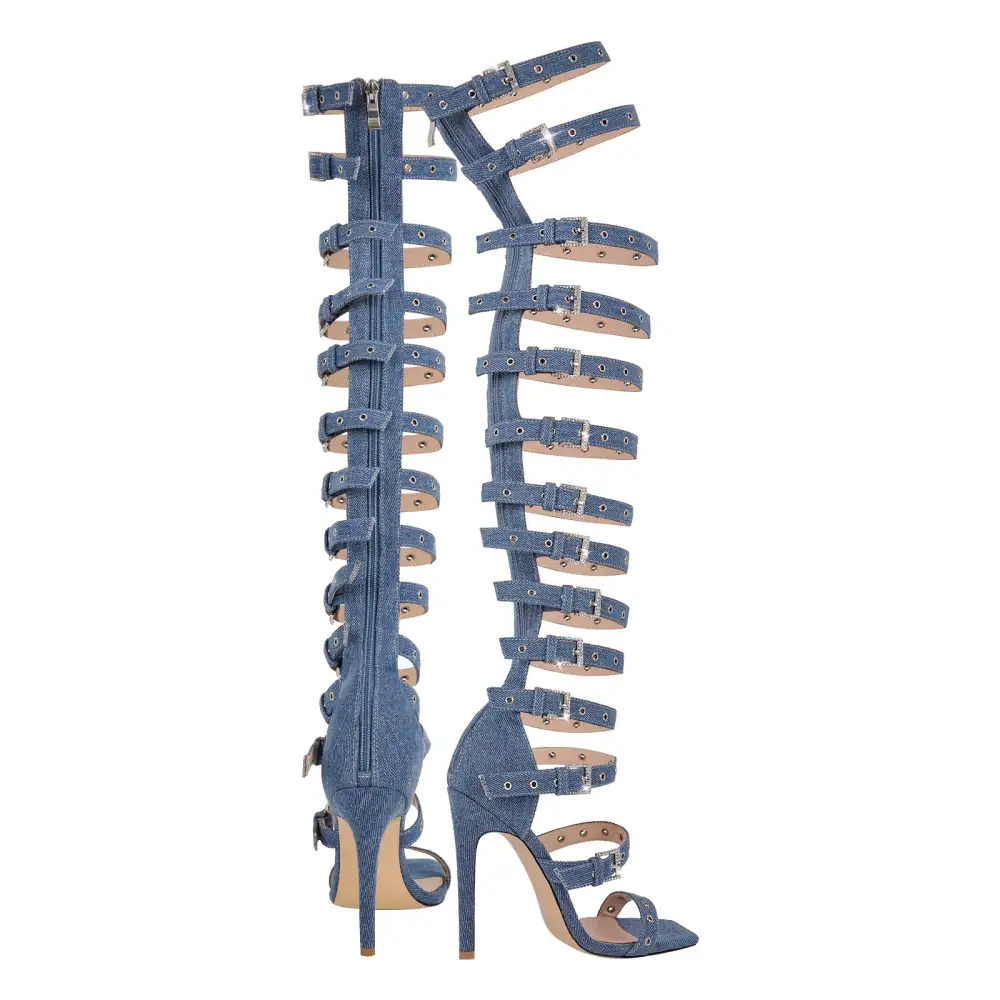 Denim Hollow Buckle Strap Thigh Stiletto Bootie Sandals