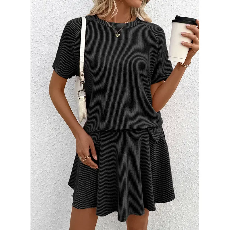 Women's Ribbed Knit Short Sleeve Top & Pleated Mini Skirt Set