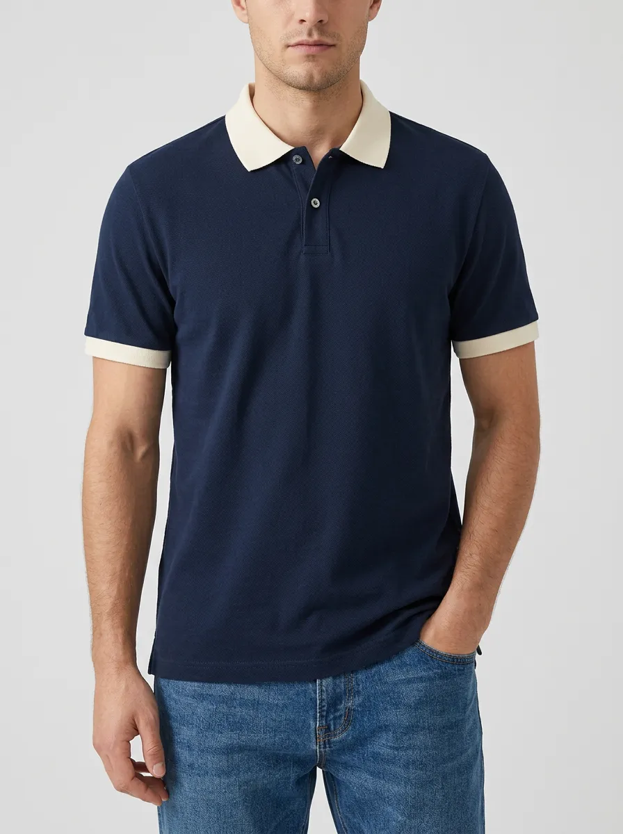 Men's Classic Ribbed Textured Contrast-Collar Contrast-Trim Polo Shirt