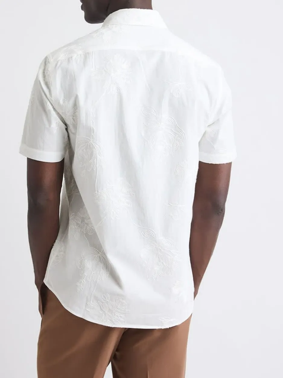 Bright white Tailored-Fit Dress Shirt with Floral Embroideries