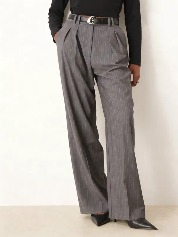 Pinstripe Pleated Wide-Leg Pants