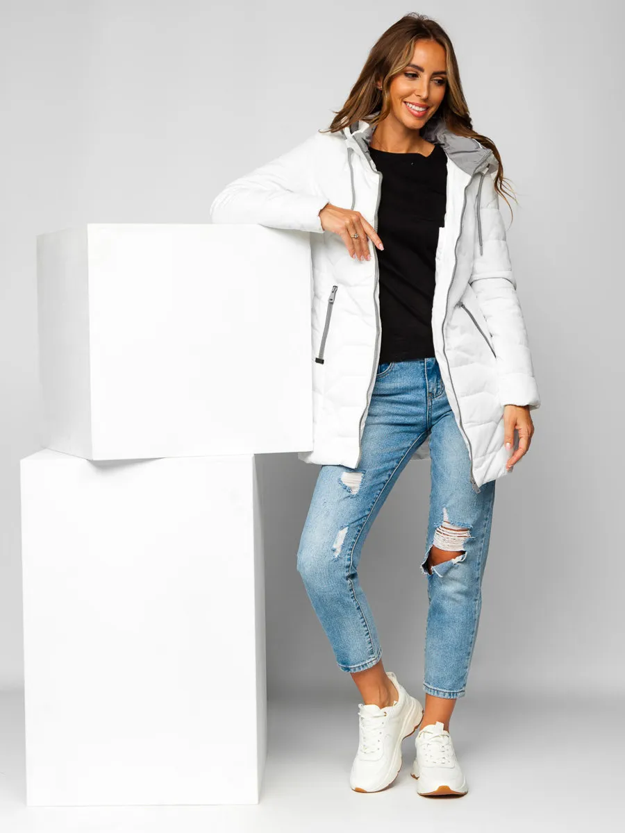 white women's long quilted winter jacket with hood