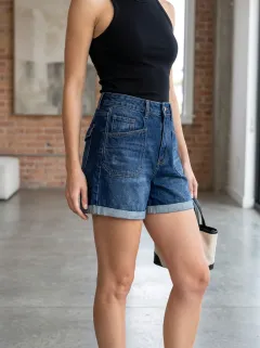 Women's Classic High-Waisted Cuffed Pocket Cargo Denim Shorts