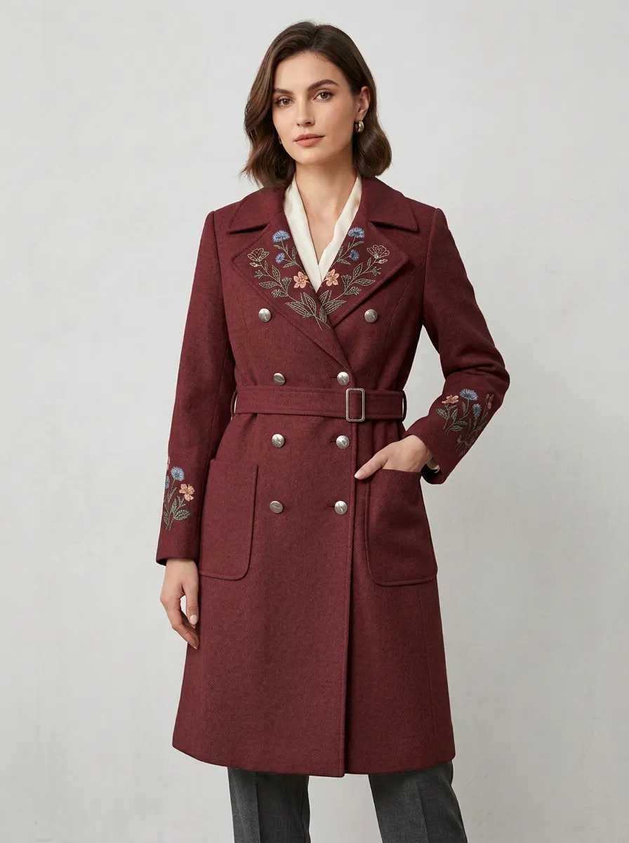 Women's Floral Embroidery Beige Double-Breasted Trench Coat