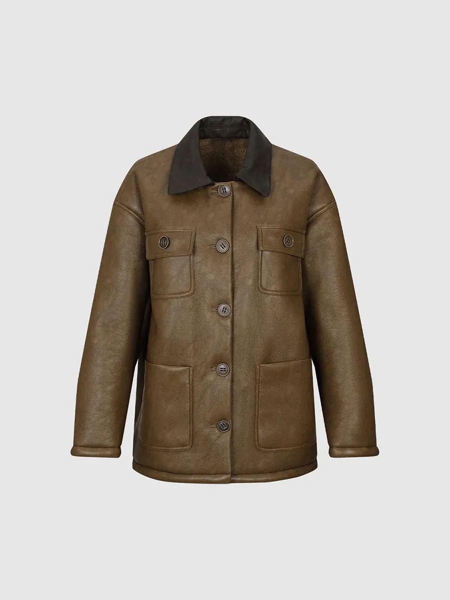 A Brown Lapel Retro-Style Leather Jacket For Ladies