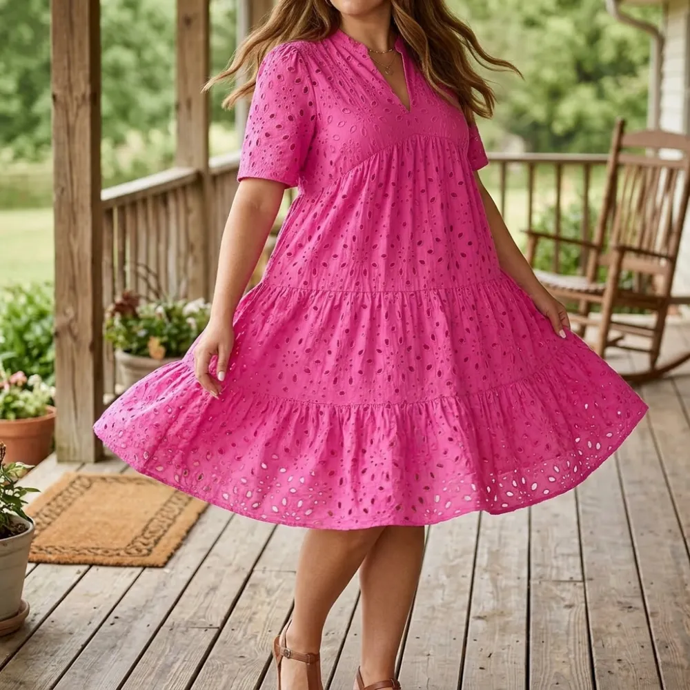 V Neck Flowy Eyelet Midi Dress