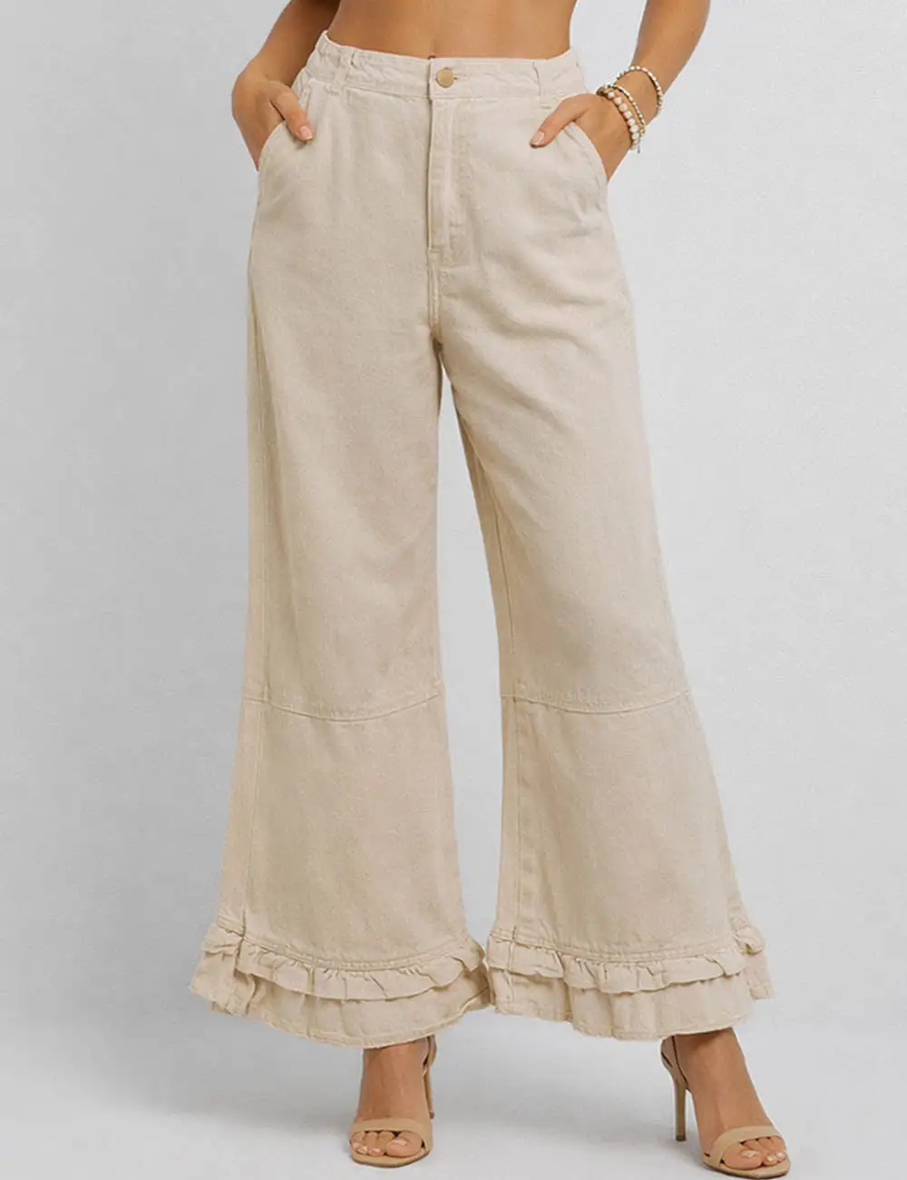 Ruffle Hem Jeans Elastic Waist Wide Leg Denim Pants