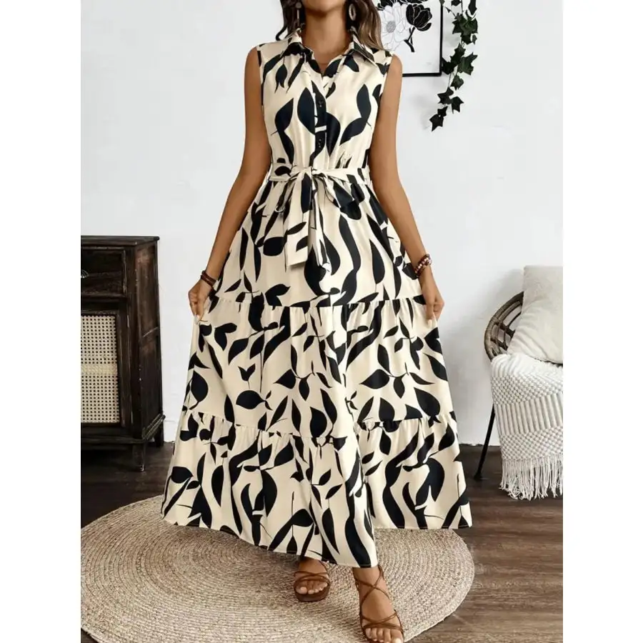 Printed Tie Waist Sleeveless Maxi Dress