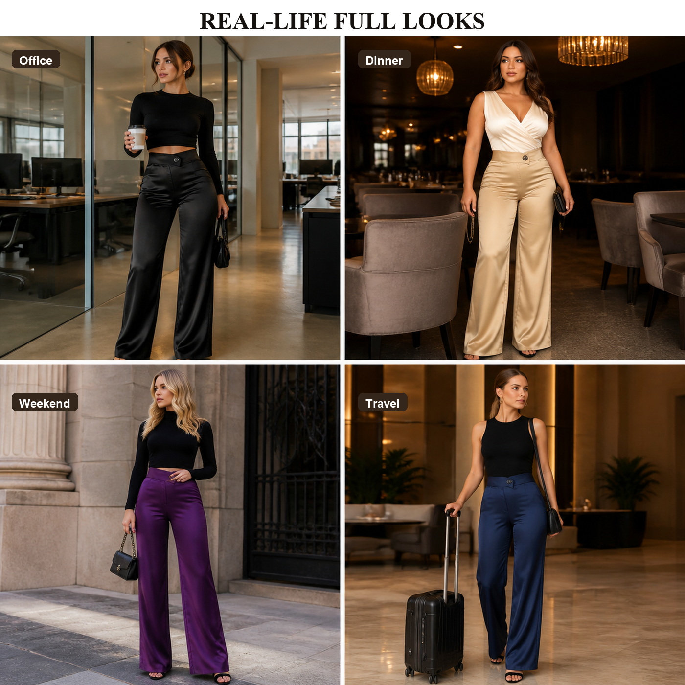 Real-life full-body styling scenes in multiple colors