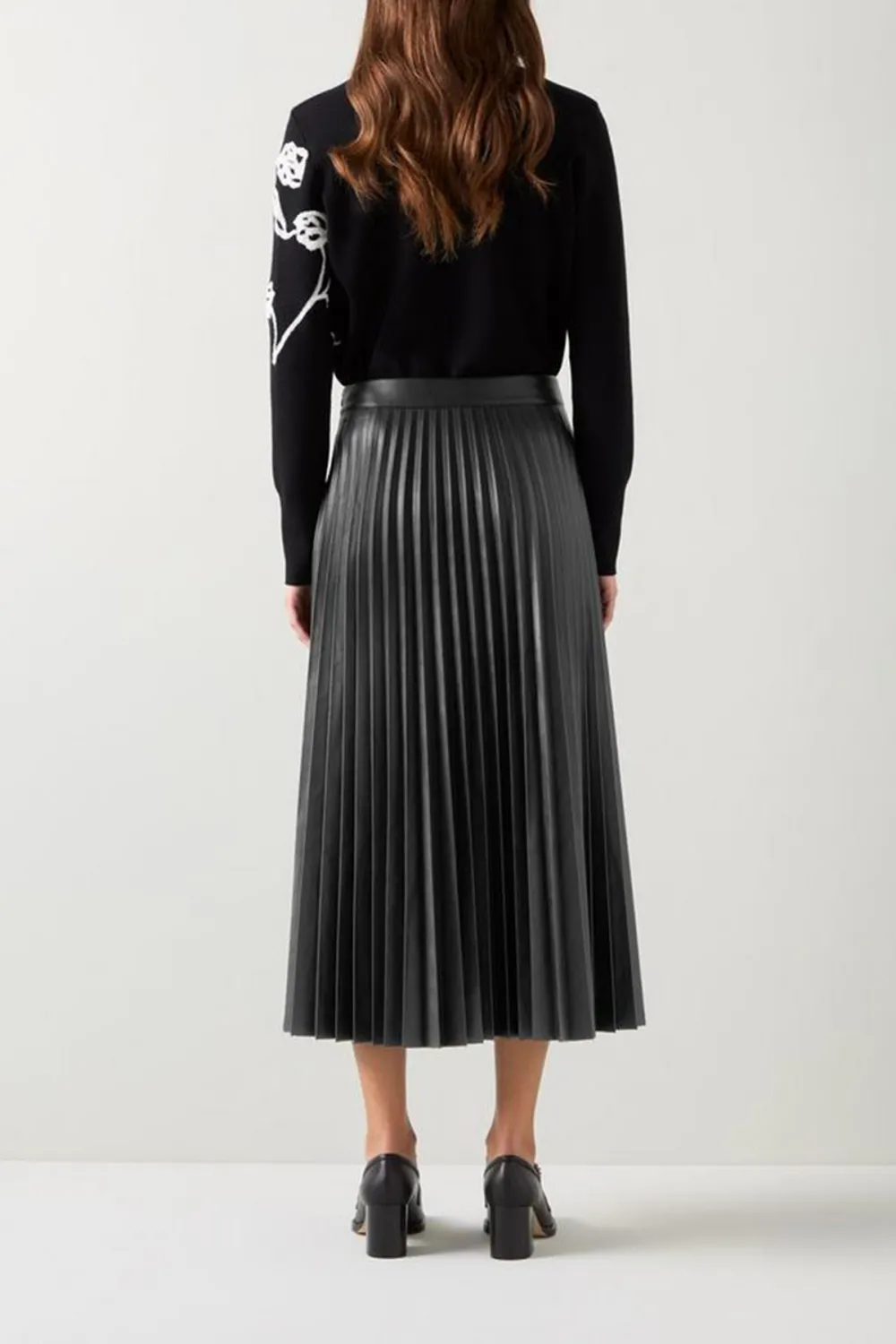 Black Pleated Faux Leather Midi Skirt