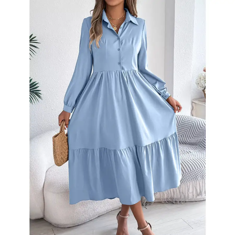 Long Sleeve Tiered Button Front Midi Dress