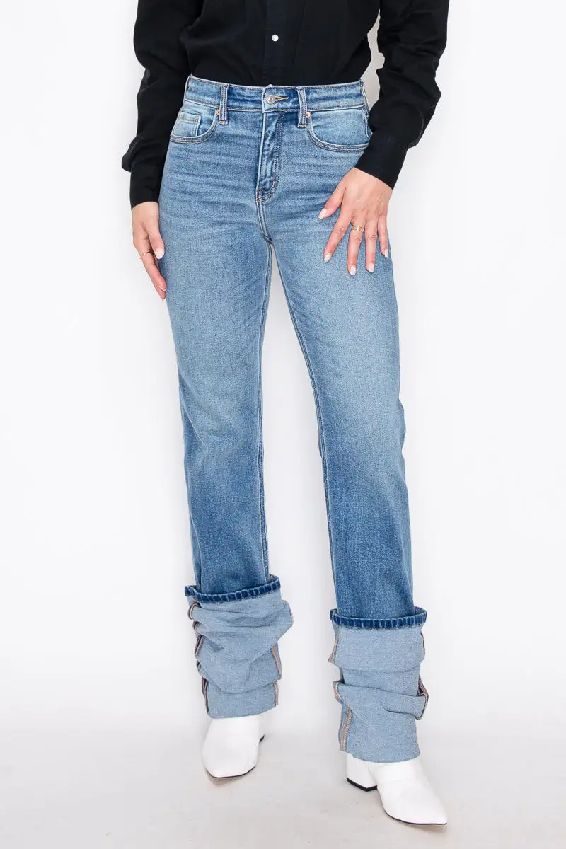 High Rise Straight Leg Cuffed Denim Jeans