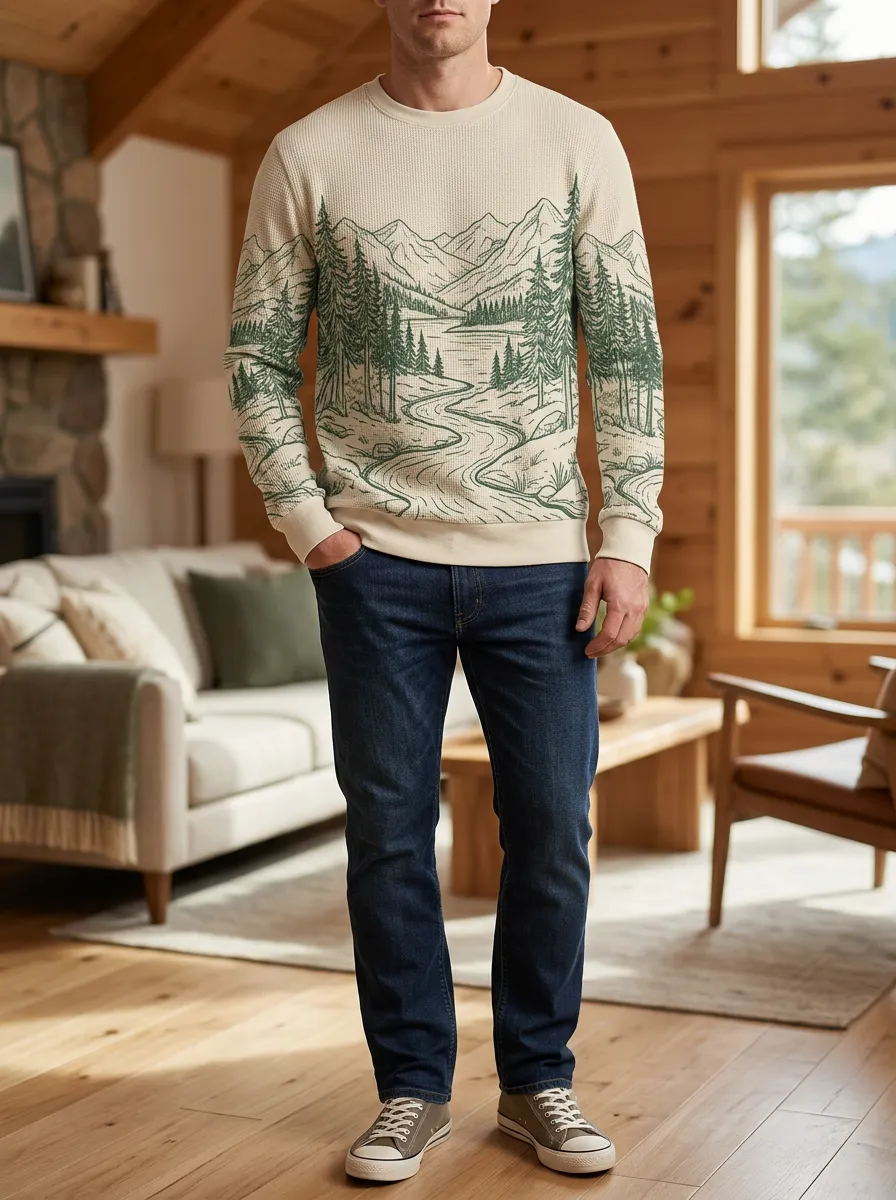 Men's Cream Landscape Graphic Textured Waffle Knit Crewneck Sweatshirt