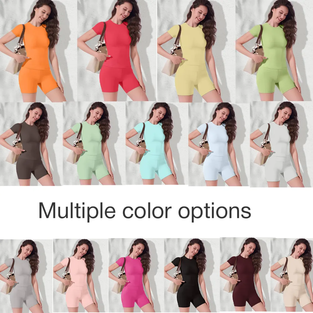 Women'S Solid Round Neck Tee & High Waist Biker Shorts Tracksuit Set, Crew Neck Short Sleeve T-Shirt & Skinny Shorts, Gym Clothes, Tracksuits For Ladies, Casual Sportswear For Indoor Outdoor Wear, Gym
