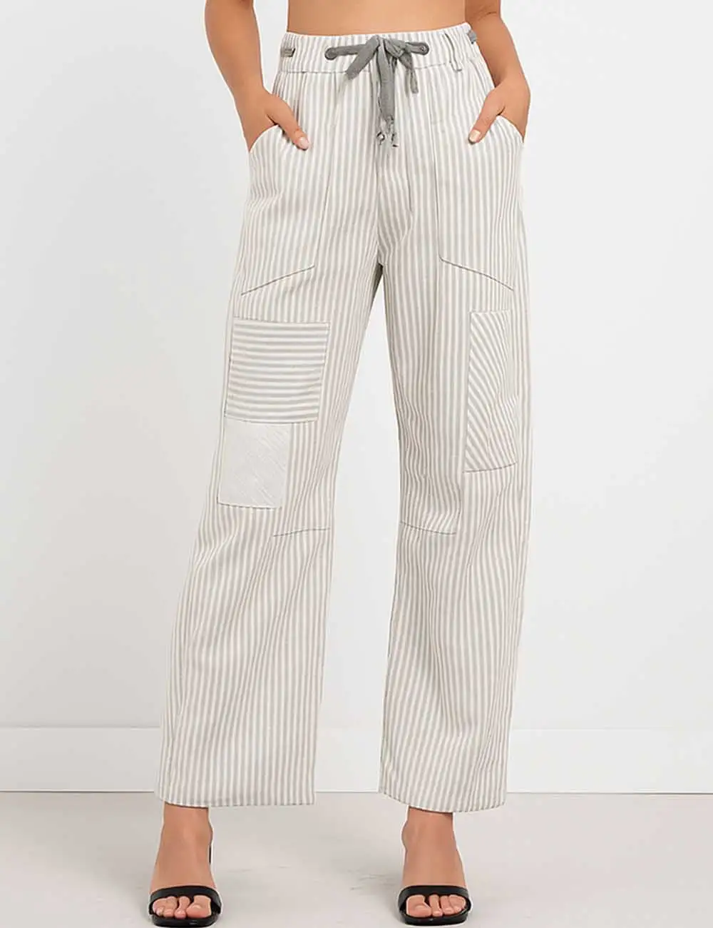 Striped Color Block Drawstring Barrel Denim Pants
