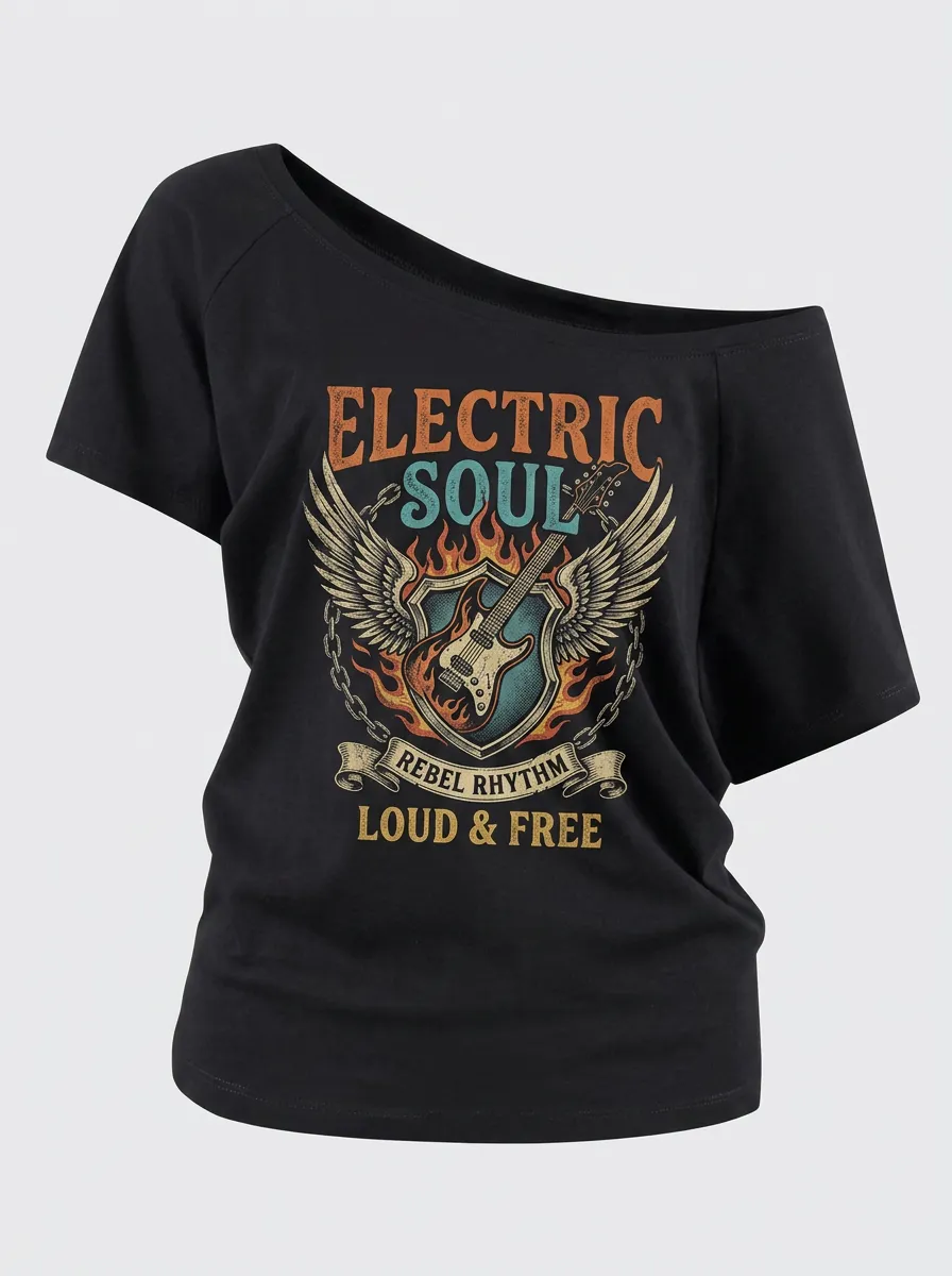 Women's Rock Music Lover Electric Guitar Wings Printed Off-Shoulder Top