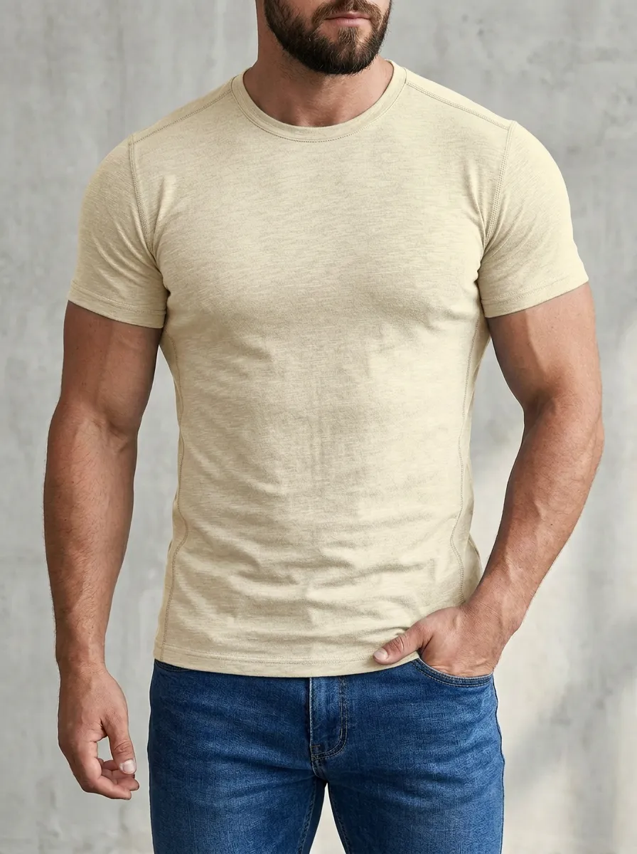 Classic Ribbed Crew Neck Essential Men's Slim Fit Short Sleeve T-Shirt