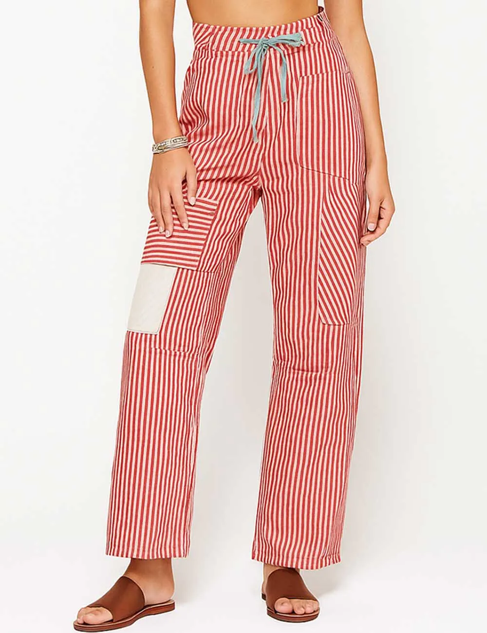 Striped Color Block Drawstring Barrel Denim Pants