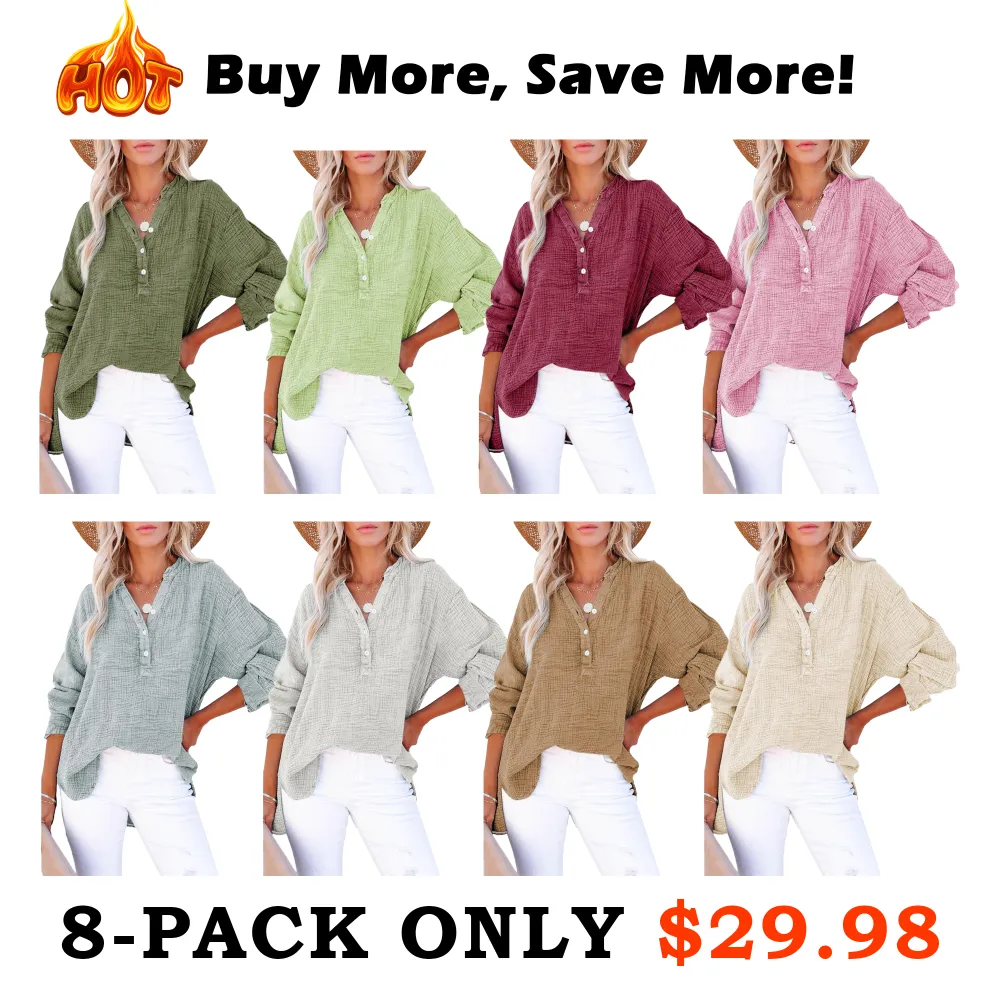 🔥Last Day 49% Offer-Women's Casual Button V Neck Long Sleeve Shirts Oversized Solid Blouses Tops 100% Cotton Boyfriend Style Loose Fit