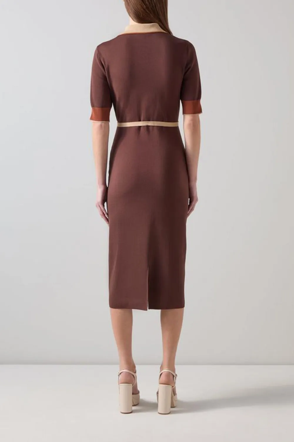 Brown Contrast Collar Short Sleeve Midi Dress