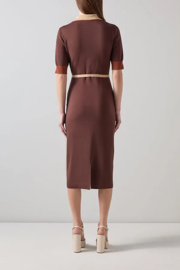 Brown Contrast Collar Short Sleeve Midi Dress
