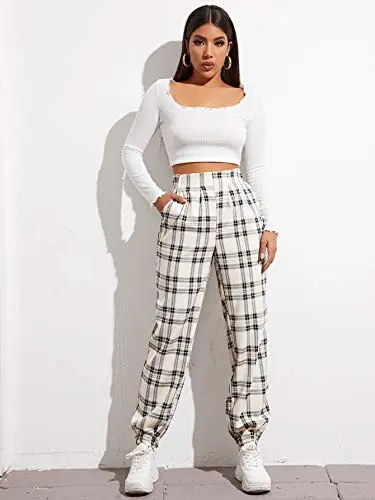 Women's Plaid Elastic High Waist Casual Tartan Pants with Pockets