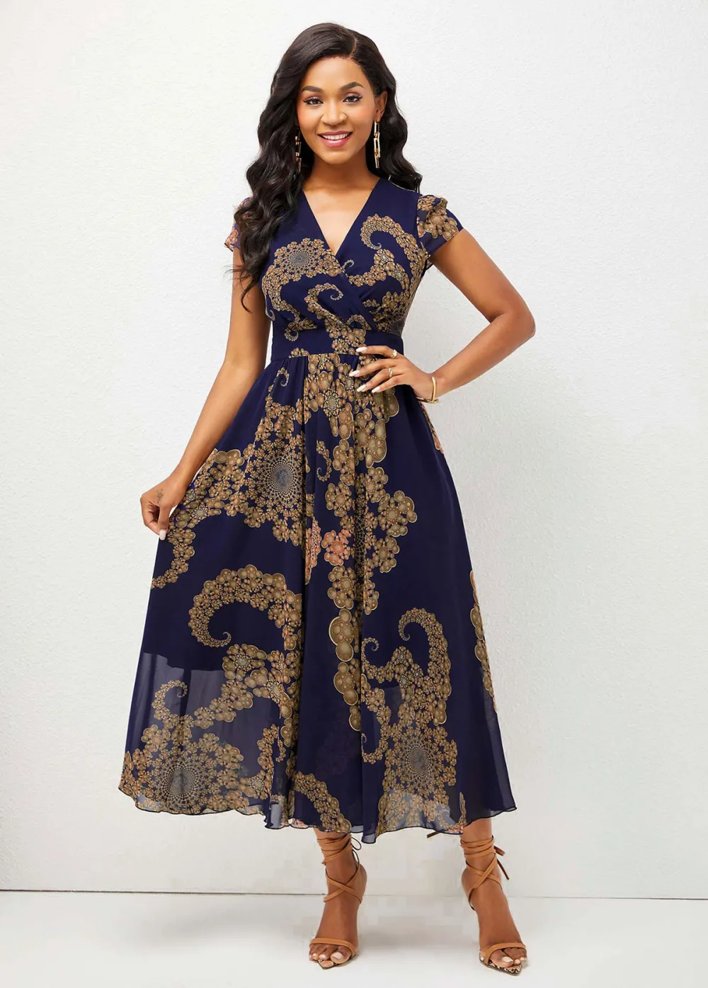 V Neck Tribal Print Short Sleeve Dress