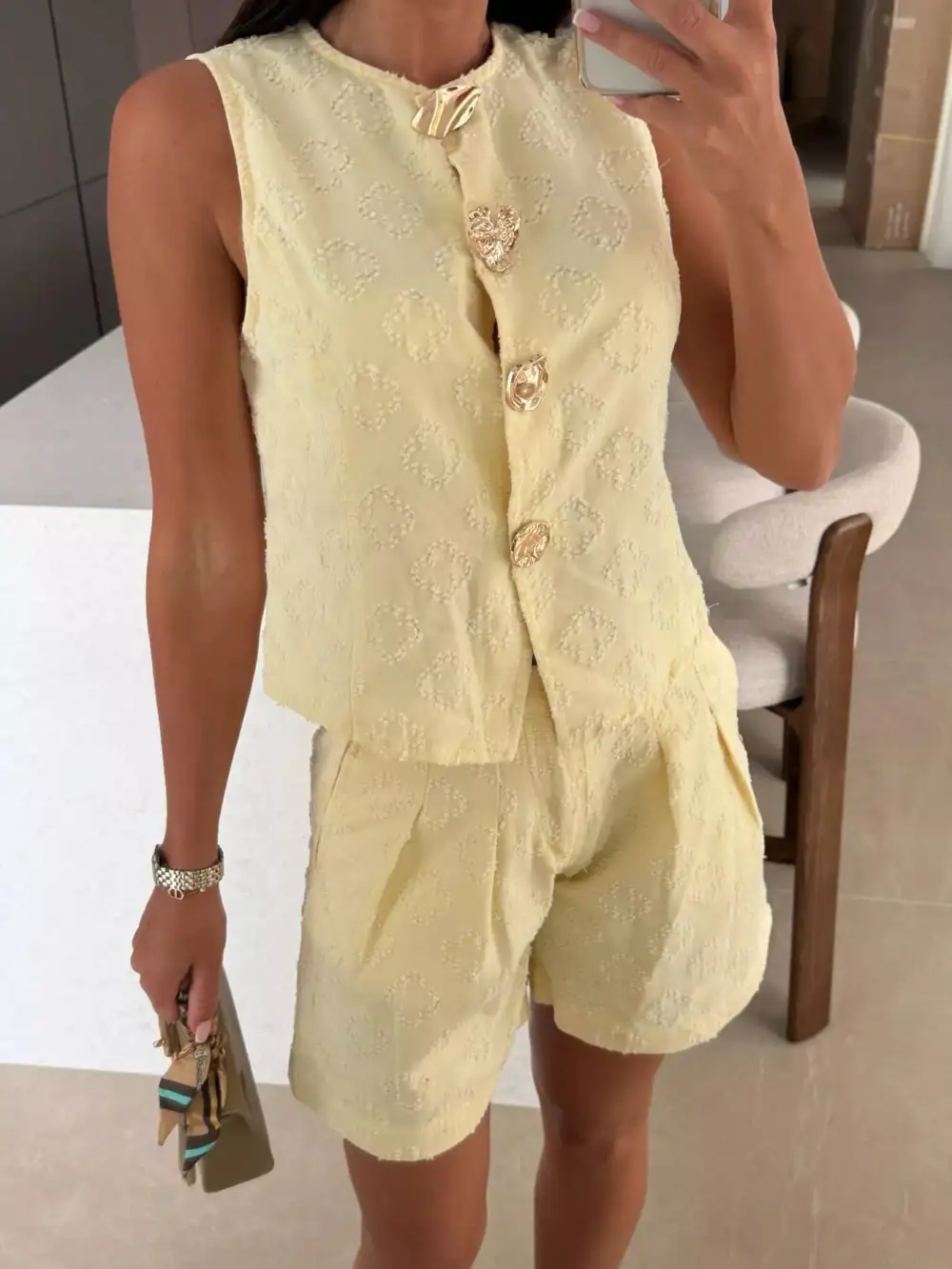 Raw-Hem Denim Embossed Vest and Shorts Matching Set
