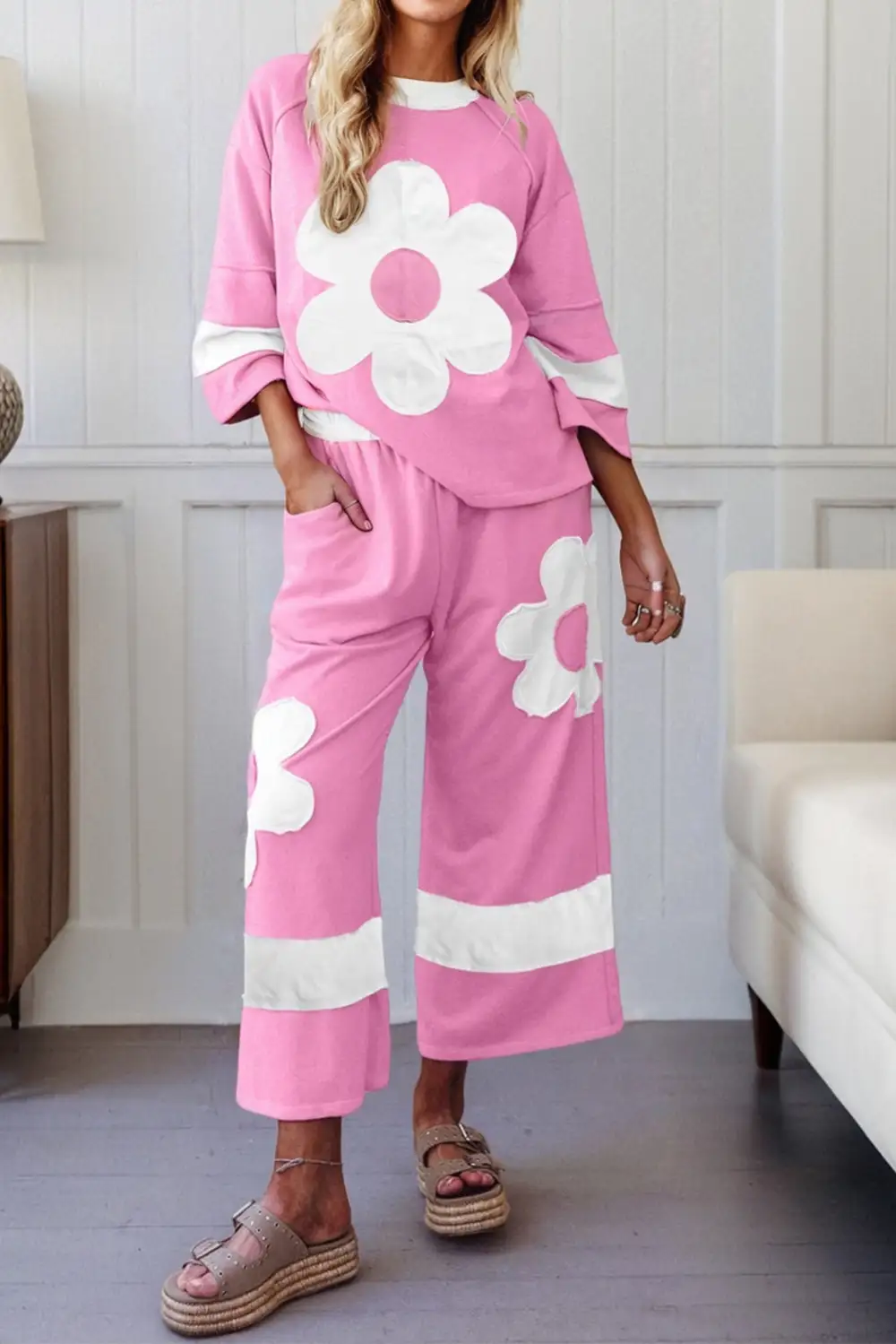 Big Flower Patch Pocket Raw Seam Set Loose Pant Set