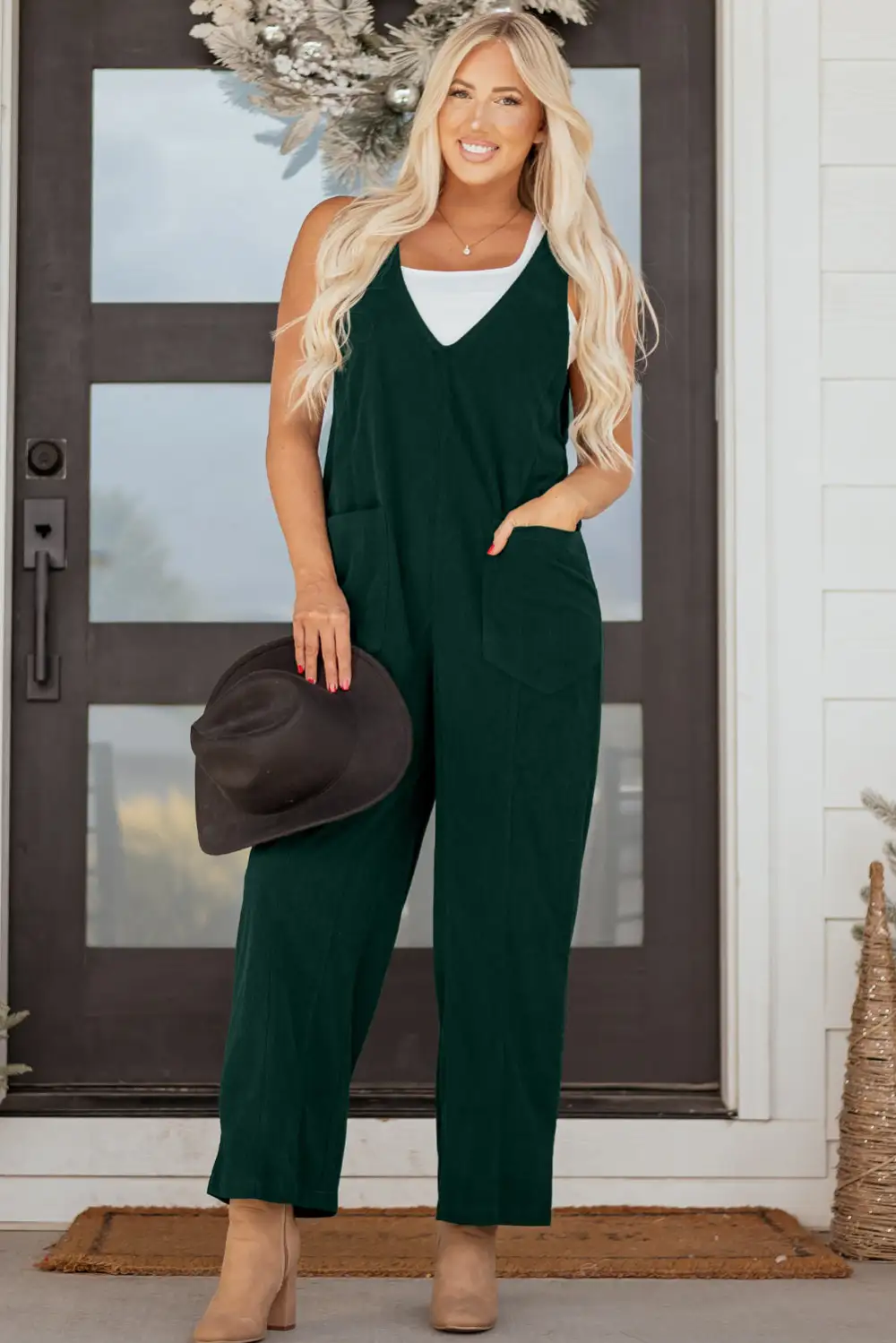 Evergreen Corduroy V Neck Patched Pocket Jumpsuit