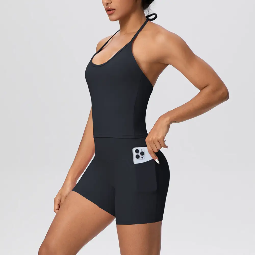 Halter-Neck Backless Top, Vest and Shorts Active Set