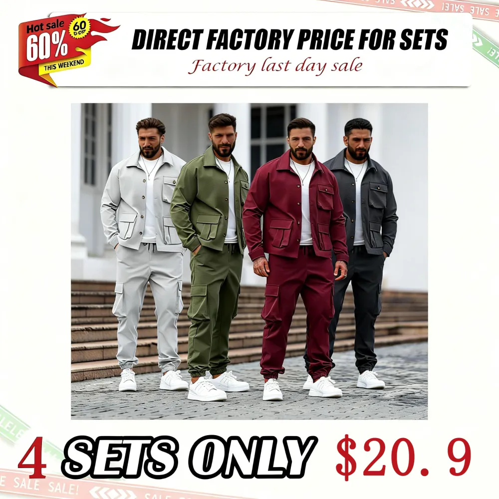 Men's Solid Color Pocket Button Front Shirt & Pants Two-Piece Set