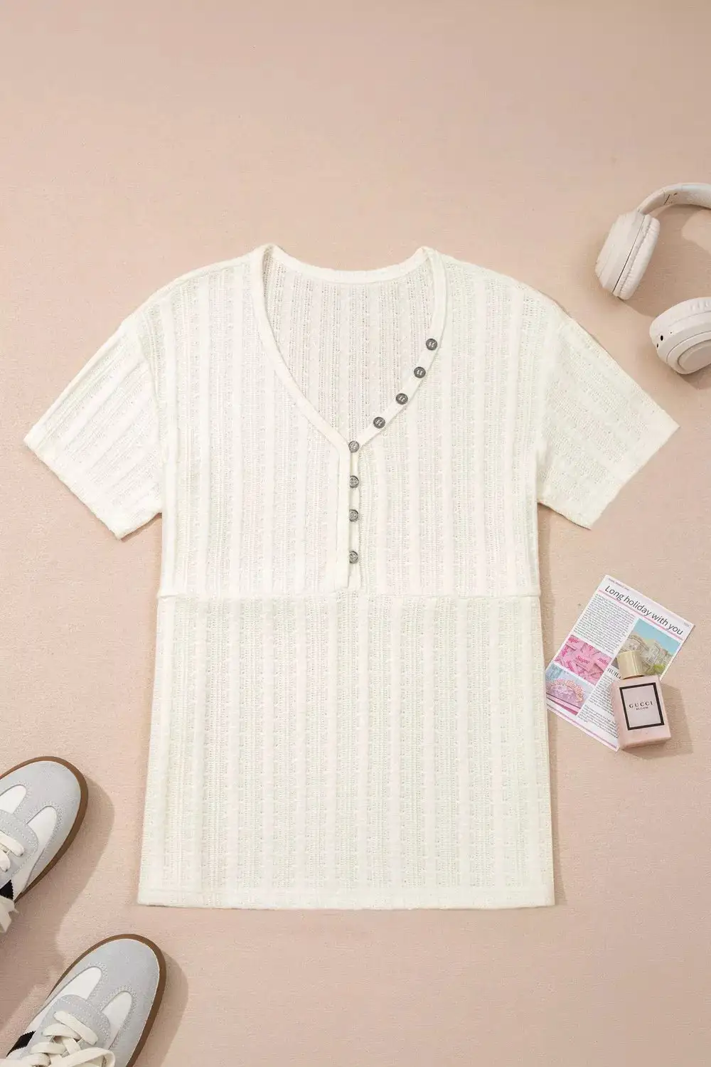 Ribbed Knit Button Detail V Neck T