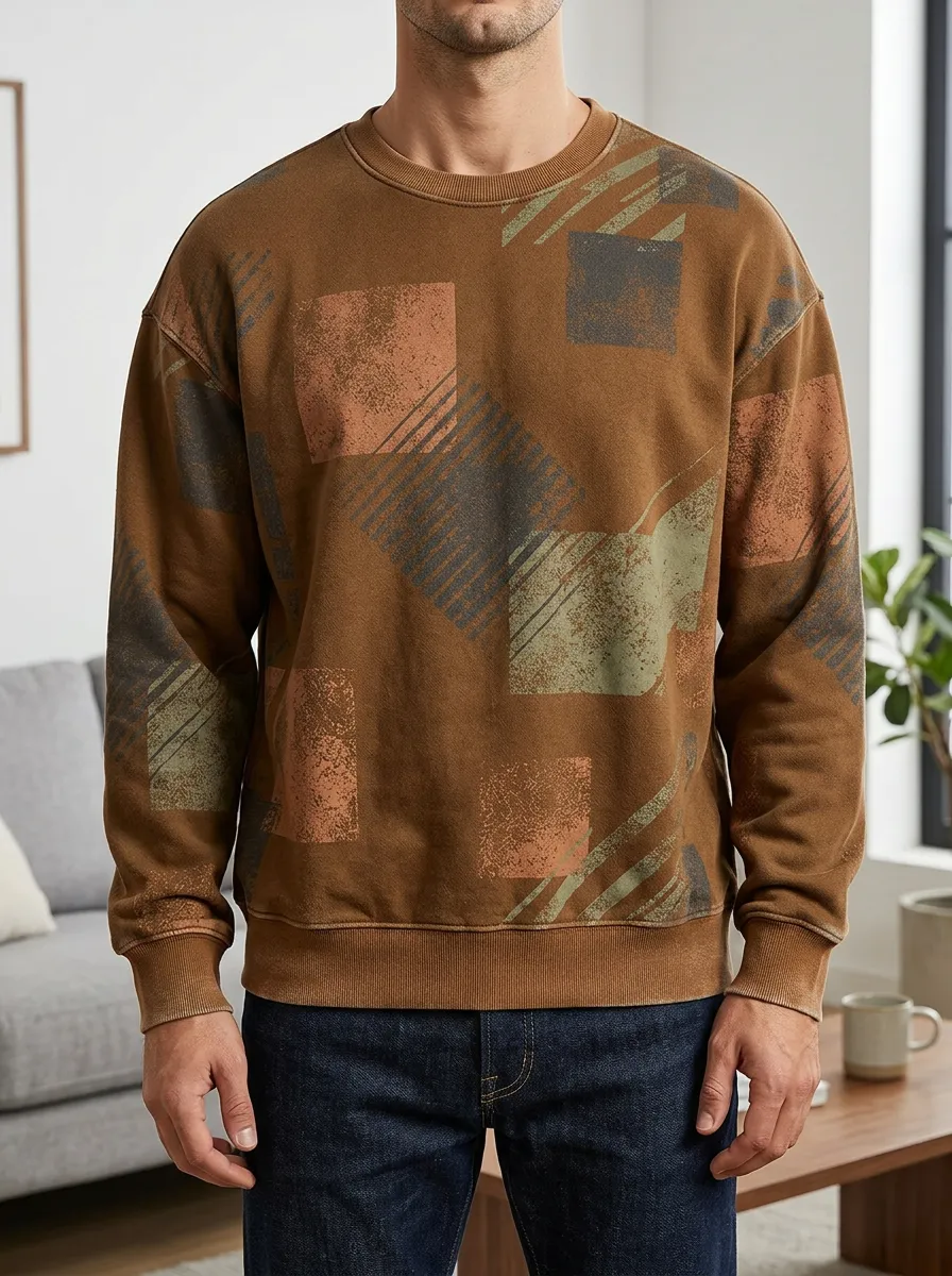 Men's Geometric Pattern Brown Printed Fleece Sweatshirt