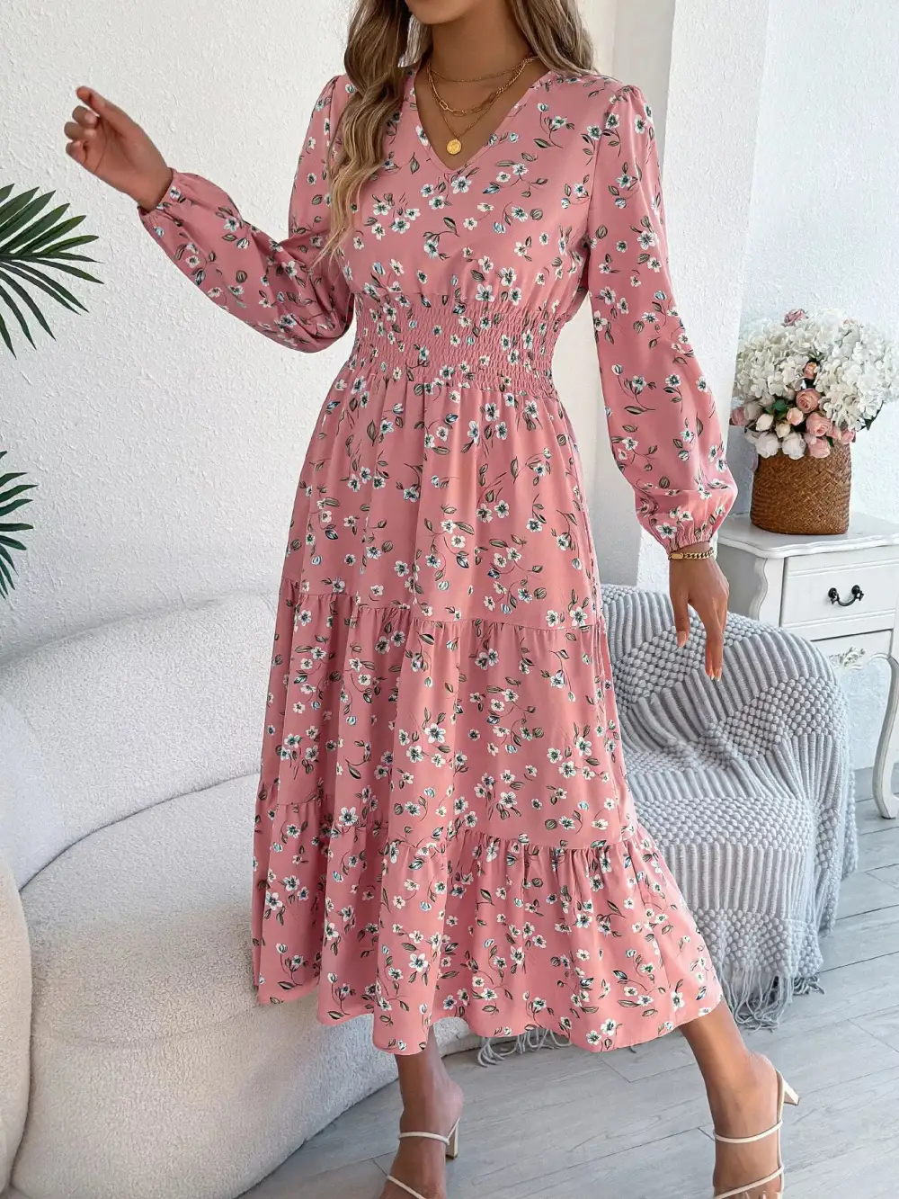 Structured Shape Floral Printed V Neck Midi Dress